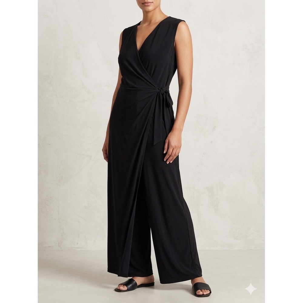 Eileen Fisher Womens Black Faux Wrap Wide Leg Jumpsuit Petite PP Sleeveless Tie